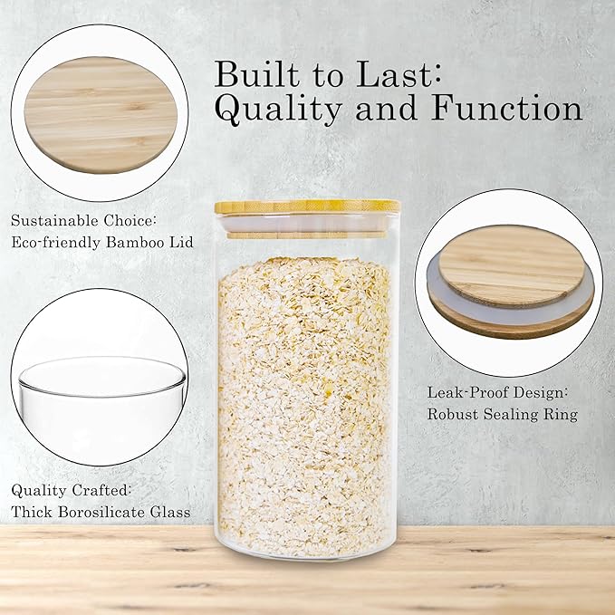 Glass Storage Jars Set Elegant Containers with Airtight Bamboo Lids, Perfect for Kitchen Organization - Flour, Rice, Pasta, Sugar, Coffee Beans, Accessories Included (2 packs(37oz / 110oz))