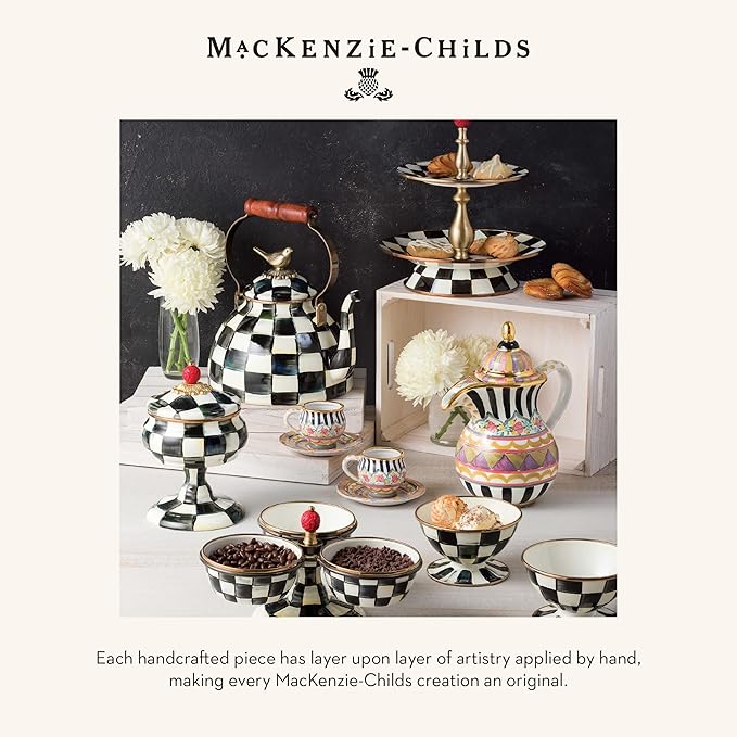 MACKENZIE-CHILDS Cookie Jar with Enamel Lid, Large Glass Treat Jar or Kitchen Jar, 1-Gallon Capacity, Black-and-White Courtly Check