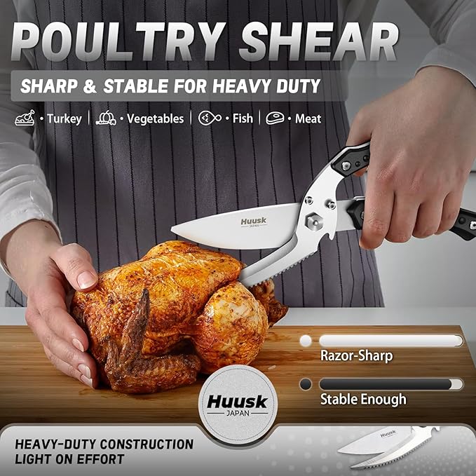 Huusk Kitchen Scissors for Food,Poultry Shears Heavy Duty with Serrated Edge,Detachable Meat Cutting Scissor for Chicken Bone And Turkey,Black Cooking Shear Thanksgiving