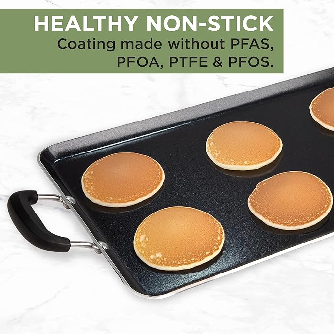 Ecolution Artistry Nonstick Double Burner Griddle, Easy To Clean, Cool Touch Silicone Handle, Dishwasher Safe Pots and Pans, 12-Inch x 18-Inch, Black