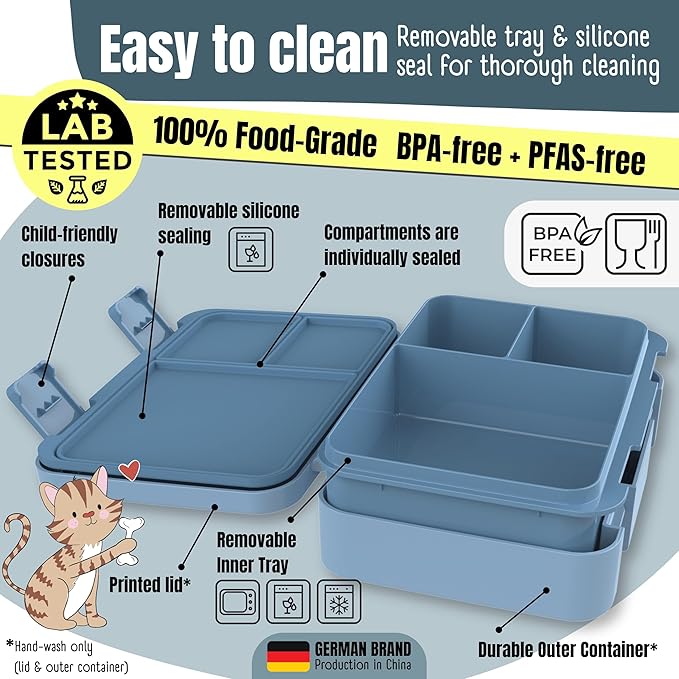 BEARFOOT Kids Lunch Box with Compartments – Compact & Lightweight | Leak-Proof, BPA-Free, Dishwasher & Microwave Safe | Hand-Drawn Design for Preschool, School, Travel (Tractor Fox Blue, 4 Cups)