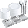 bUCLA 600pcs Silver Plastic Dinnerware Set for 100 Guests - Silver Christmas Dinnerware Set Disposable for Party - Include 100 Dinner Plates,100 Dessert Plates,100Cups,100 Knives,100 Forks,100 Spoons