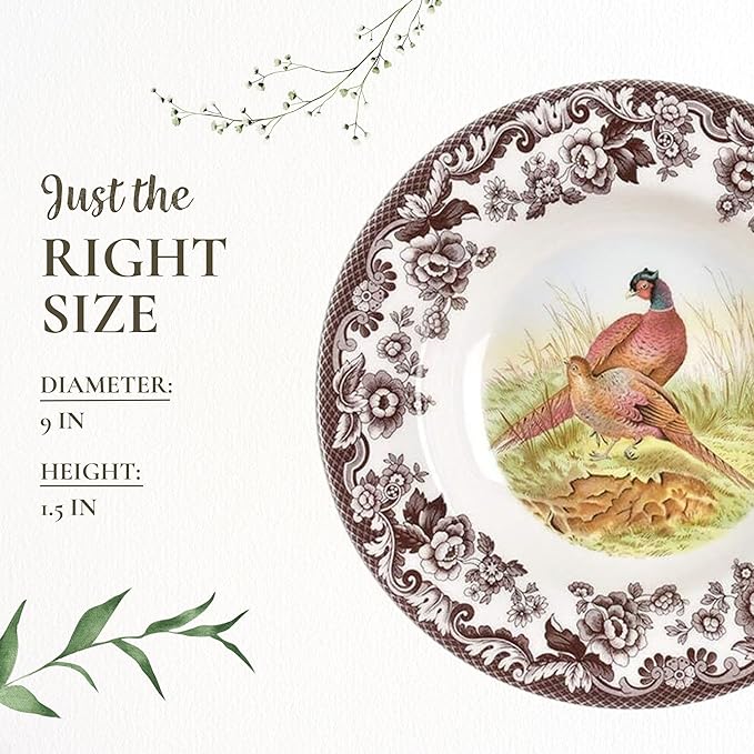 Spode Woodland Pheasant 9" Soup Plate - Rustic Fine Earthenware Bowl with Game Bird Design for Soup, Pasta or Salad - Dishwasher, Microwave, Oven & Freezer Safe - Mix & Match with Woodland or Delamere