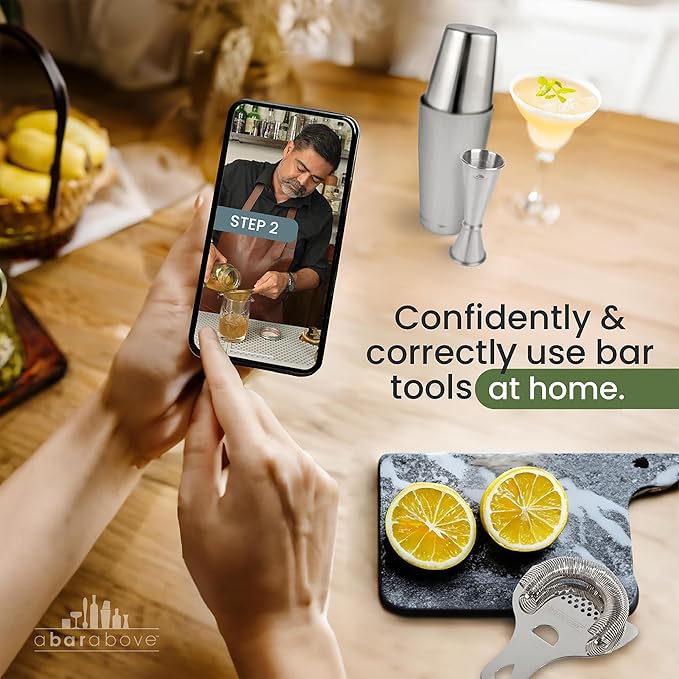A Bar Above 4-Piece Cocktail Shaker Set, for Professional and Home Bar, Premium Bar Kit Gifts, Includes Strainer, Jigger, Shaker Set, and 4-Hour Cocktail Course