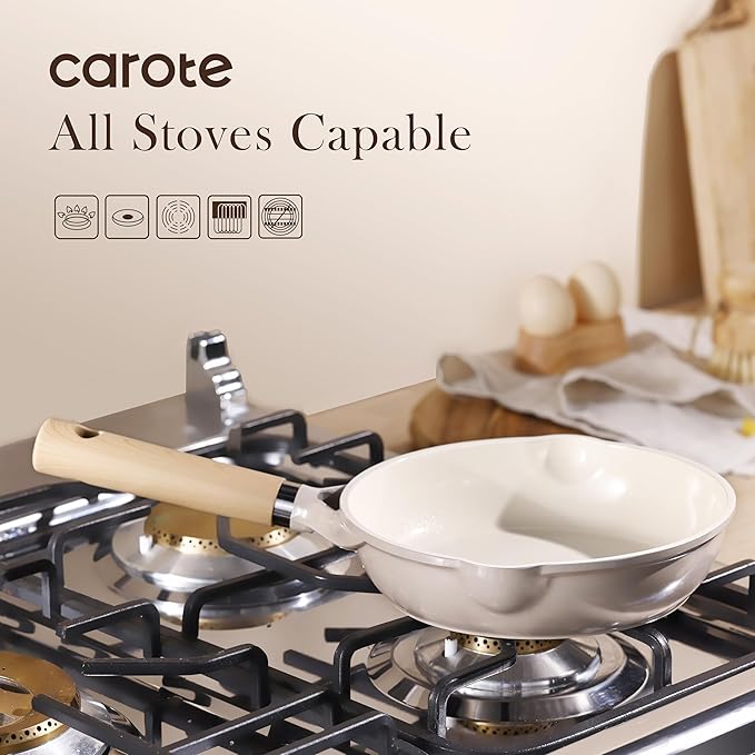 CAROTE 10" Ceramic Frying Pan Skillet, Non Stick Skillet Chef's Pan, Healthy & PFOA/PFAS Free, Induction-Compatible, Taupe