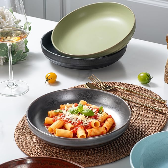 HAPPY KIT 9'' Large Pasta Bowls, 42 Oz Salad Bowl Set of 4, Stoneware Reactive Glaze Serving Bowls for Dessert, Soup, Fruit, Noodle, Scratch Resistant, Meadow Green