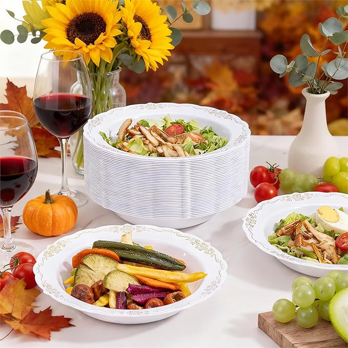 DaYammi 50 Pack Plastic Bowls with Gold Rim, 12oz Disposable Soup Bowls, Heavy Duty Dinner Bowls for Weddings, Parties, Dinners, Catering and Everyday Use