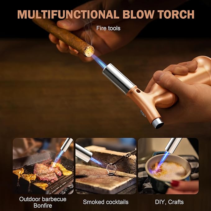 RAVS Butane Torch Lighter with Solid Copper Design, Kitchen Torch Lighter with Adjustable Flame, Refillable Creme Brulee Torch for Cooking, Soldering, Birthday Gifts for Women Men, Butane Not Included