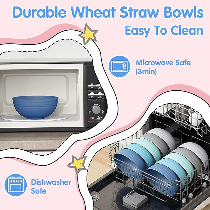 Quatish 16 PCS Unbreakable Cereal Bowls,Dishwasher & Microwave Safe Wheat Straw Bowls, Easy-to-Clean Lightweight Snack & Soup Bowl,Multi-Color Portable for Picnics Plastic Bowls Set, Blue