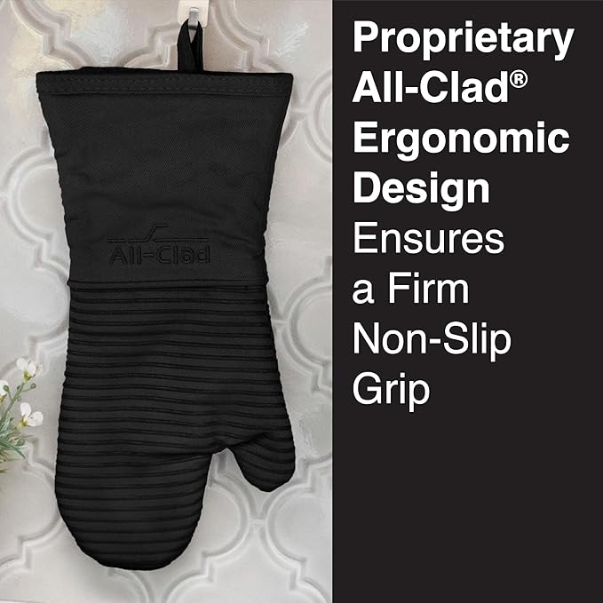 All-Clad Silicone Oven Mitts: Heat Resistant up to 500 Degrees - 100% Cotton & Silicone, 14"x7" Oven Mitt for Kitchen and Barbecue, 2-Pack, Black