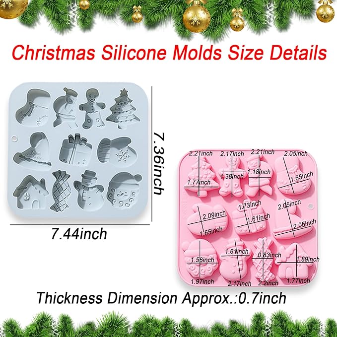 2 Pcs Christmas Chocolate Silicone Molds, 11 Cavity 11 Shapes Christmas Baking Molds for Cake Chocolate Candy Cupcakes Pudding Muffins Ice Cube Soap Ice Cube Jelly Making