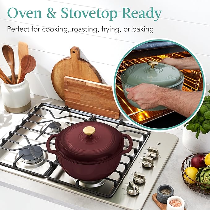 Best Choice Products 6 Quart Enamel Cast-Iron Round Dutch Oven, Family Style Heavy-Duty Pre-Seasoned Cookware for Home, Kitchen, Dining Room, Oven Safe w/Lid, Dual Handles - Cabernet Red