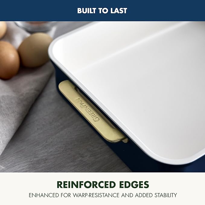 GreenPan Bakeware Rectangular Cake Pan, Ceramic Nonstick Baking Pan, PFAS & BPA Free, Gold Handles, Durable Steel, Freezer to Oven Dish, Scratch Resistant, Bake & Roast Ovenware, Oxford Blue
