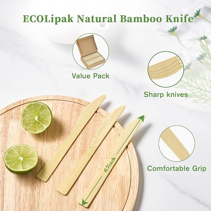 ECOLipak 300 Count Disposable Bamboo Knives, 6.7 Inch Bamboo Compostable Disposable Knives for Party, Wedding, Camping, Traveling, Family Dinners, Large Events