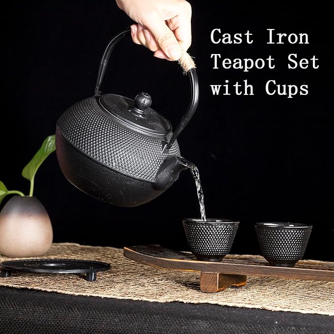 YJX Cast Iron Tea Pot Set, Japanese Tetsubin, 40.6oz Tea Kettle for Stovetop, Black Teapot with Stainless Steel Infuser for Loose Leaf Tea, 1200ml Small Asian Tea Set with Teacups