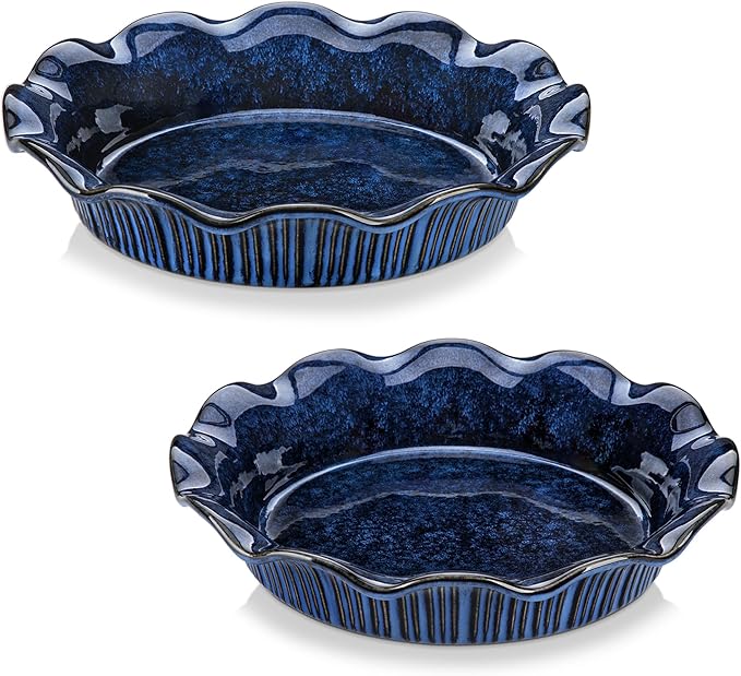 vancasso Stern Ceramic Pie Pan, 9 inch Pie Pans with Ruffled Edge, Deep Pie Dishes for Baking, Round Pie Plates for Apple, Quiche, Pot Pies, Tart, Oven & Dishwasher Safe, Set of 2, Blue