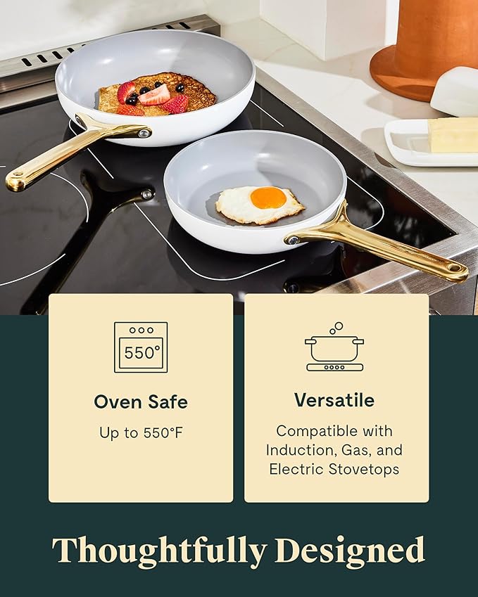 Caraway Ceramic Fry Pan Duo with Glass Lids - Non-Stick Frying Pans (10.5” & 8”) - Non Toxic, PTFE & PFOA Free - Oven Safe & Compatible with All Stovetops – Black