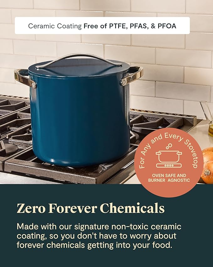 Caraway Stock Pot - 12 Qt Ceramic Coated Pot With Lid - Fee From Forever Chemicals - Large Pot for Bigger Batches - White