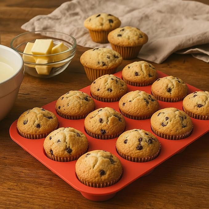 Bangp 12-Cup Silicone Muffin Pan with Metal Reinforced Frame,2 Pack Regular Size Cupcake Pan,Premium Non-Stick Bend Resistance Silicone Molds for Making Muffin,Cakes,Tart,Egg Bites (Red & Blue)