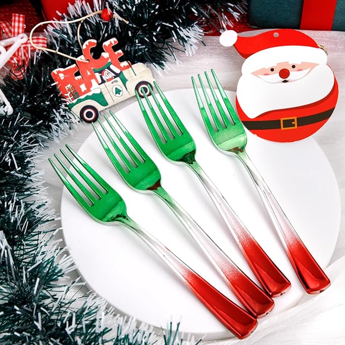 LIYH 120 Pcs Christmas Plastic Silverware - Green and Red Plastic Silverware for Xmas, Gold Cutlery Disposable for Christmas Day Holiday, Gathering