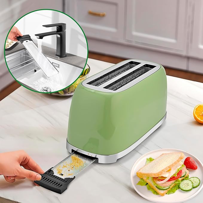 SUSTEAS Toaster 4 Slice Wide Slot, Stainless Steel Bread Bagel Toasters, Retro Long Slot Tostadora for Defrost, Reheat, Removable Crumb Tray, 1500W, 6 Browning Settings, Retro Green