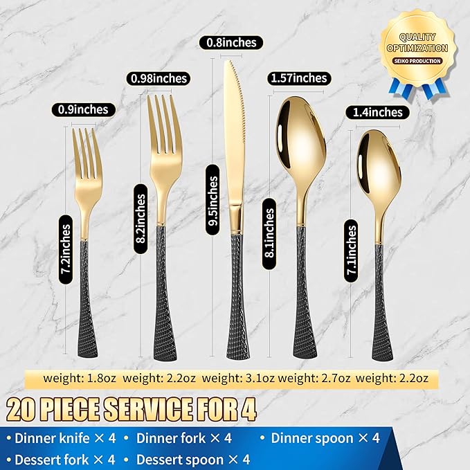 Lemeya Hammered Black Gold Silverware Set,20 Piece Modern Flatware Set Service for 4,Mirror Polished Stainless Steel Cutlery Set Utensil Set Tableware Set,Kitchen Knives Fork Spoon Set,Dishwasher Safe