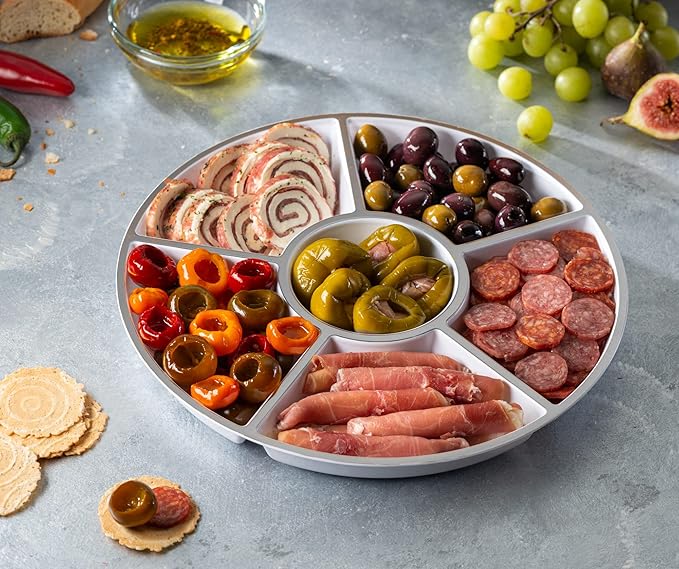 Plasticpro 6 Sectional Round Plastic Serving Tray/Platters White & Silver Pack of 2