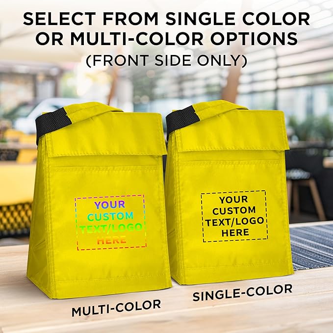 DISCOUNT PROMOS 10 Hook and Loop Insulated Lunch Bags Set - Customizable Text, Logo - Polyester, Durable, Vibrant, Reusable - Yellow