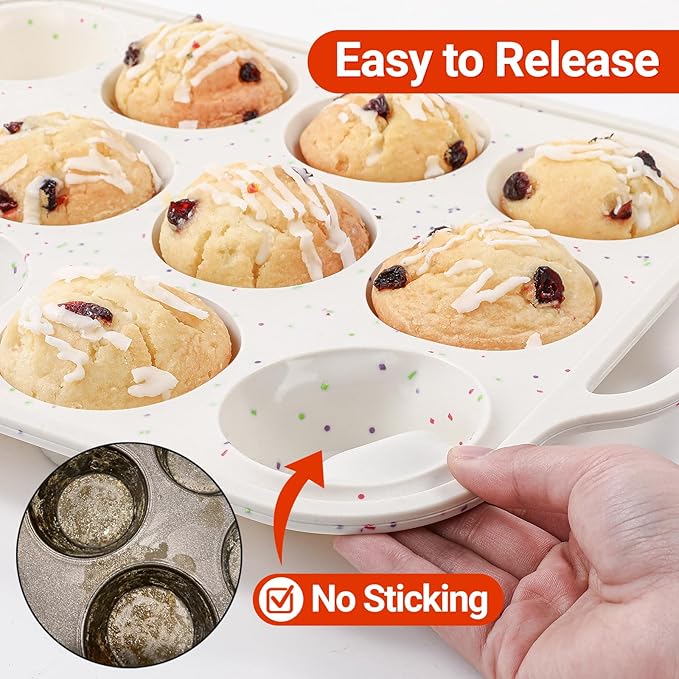 FUNBAKY Silicone Cupcake Pan, Metal Reinforcement Regular Size 12 Cups & Mini 24 Cups Nonstick Easy to Demold Baking Mold for Making Homemade Muffins