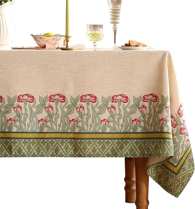 patdrea Designer Linen Green Tablecloth for Rectangle Table,Vintage Leaves Pattern Durable Table Cloth,Floral Decor Cover for Kitchen Dining,Christmas,Thanksgiving,Party,55"x87"-Cecilia D