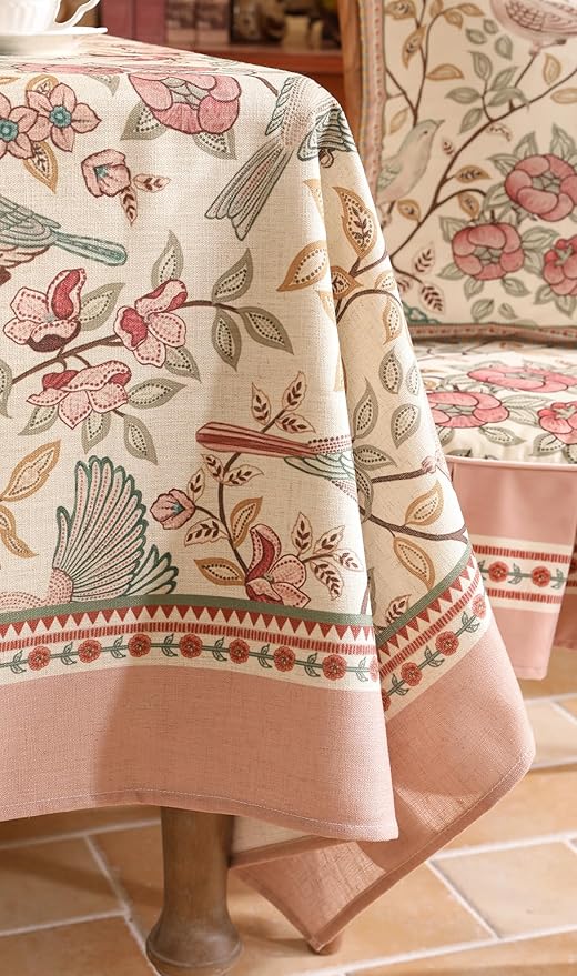 patdrea Designer Pink Linen Table Cloth for Rectangle Table,Vintage Floral with Birds Pattern Decorative Tablcloth,French Table Cover for Kitchen Dining,Thanksgiving,Christmas,55"x79"-Kulom a