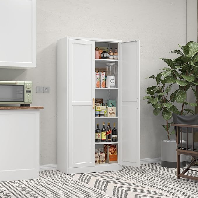 71" Tall Metal Storage Cabinet, Kitchen Pantry Storage Cabinets with Doors and 4 Shelves, White Pantry Cabinet, Utility Kitchen Cupboard, Large Steel Cabinets for Dining, Office, Living Room