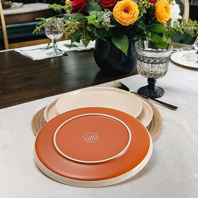 GZG Ceramic Dinner Plates Set of 4, 10.25 Inch Speckled Stoneware Plates with Clay-Tone Base, Large Ceramic Plates for Steak, Salad, Pizza, Microwave Oven Dishwasher Safe