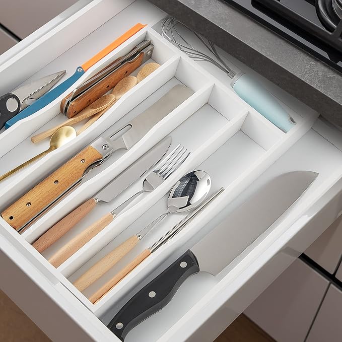 2-Piece Expandable Bamboo Kitchen Drawer Organizer for Cutlery and Utensils, Adjustable Bamboo Wood Cutlery Tray in Drawer for Flatware and Silverware in Kitchen, (White)