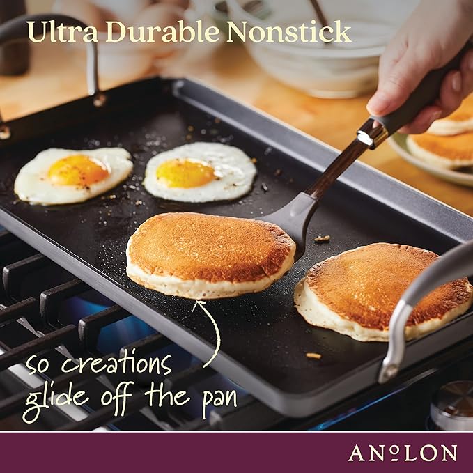 Anolon Advanced Home Hard Anodized Nonstick Double Burner Griddle with Roasting Rack, 10 Inch x 18 Inch, Moonstone