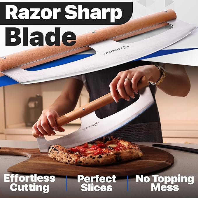 KitchenStar 16-Inch Pizza Cutter Rocker Blade - Razor Sharp Stainless Steel Slicer Knife, Stylish Beech Wood Handle, Protective Cover - Professional Pizza Oven Accessories, Silver