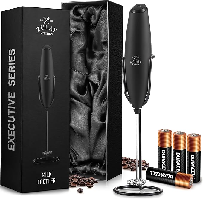Zulay Kitchen Executive Series Milk Frother Wand - Upgraded & Improved Stand - Ideal Coffee Gift - Coffee Frother Handheld Foam Maker For Lattes - Electric Milk Frother Handheld For Cappuccino