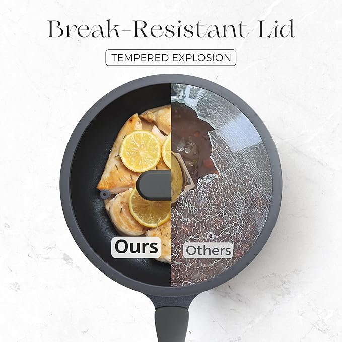 PRICUSIS Nonstick Ceramic Frying Pan with Lid, 8/10 Inch Skillet with Stay Cool Handle, Fully Coated, Induction Compatible & Oven Safe, 100% Dishwasher Safe, PTFE & PFOA Free（10 Inch, Black Sesame）