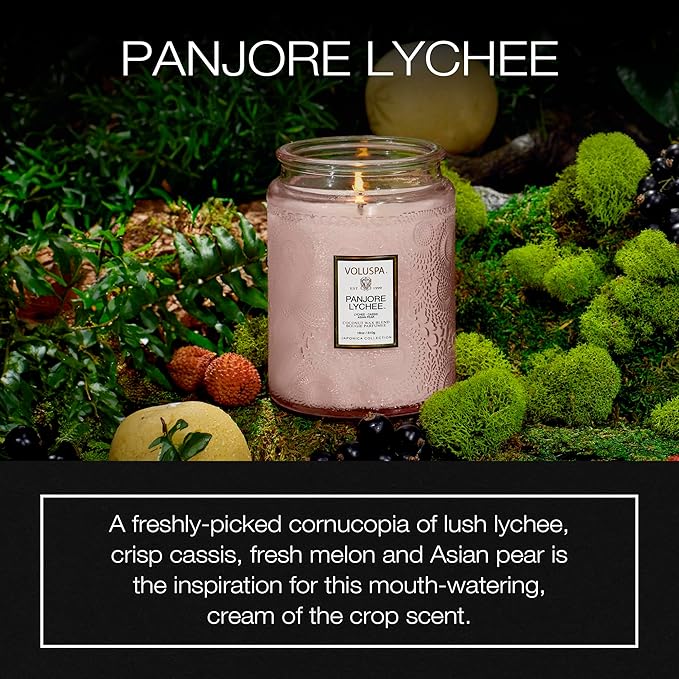 Voluspa Panjore Lychee, Large Candle Jar, 18 oz, 100 Hour Burn Time, Coconut Wax for Clean Burning, Handcrafted in the USA