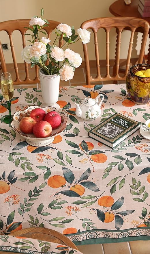 patdrea Designer Vintage Linen Rectangle Table Cloth,Framhouse Oranges and Leaves Pattern French Extra Long Tablecloth,Decor Cover for Kitchen Dining Christmas,Thanksgiving,67"x118"-Palladin a