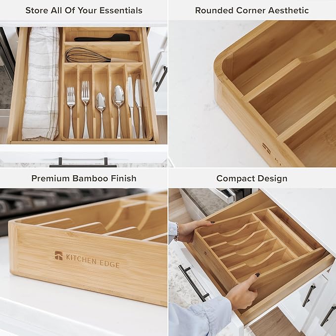 KitchenEdge Silverware Organizer - Cutlery, Flatware, and Utensil Holder for Kitchen Drawers, Fixed 10.5” Width, 7 Storage Compartments, Non-Slip Feet, Rounded Corners, 100% Bamboo