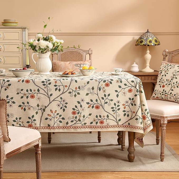 ISAENNE Designer Floral Table Cloth for Rectangle Table,French Linen Light Beige Indoor Tablecloth,Fall Wrinkle Resistant Decor Tablecloths for Dining Thanksgiving Kitchen,55"*79"-Flora A