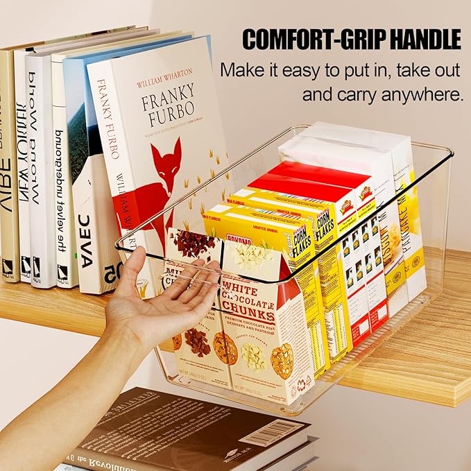 Set of 4 Clear Plastic Storage Bins, 2 Large +2 Small Pantry Organizers and Storage Containers for Kitchen Organization, Home Storage Essentials for Cabinet, Office, Garage, Freezer& Bathroom