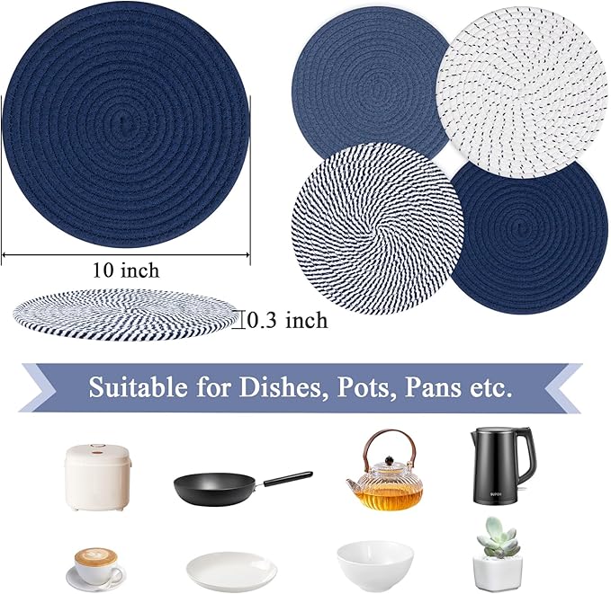 SHACOS 10 Inches Trivets for Hot Dishes, 4 Pieces Cotton Trivets Mats for Kitchen, Hot Pads for Countertops and Table, Heat-Resistant Pot Holders for Hot Pots and Pans(Blue, 4pcs)