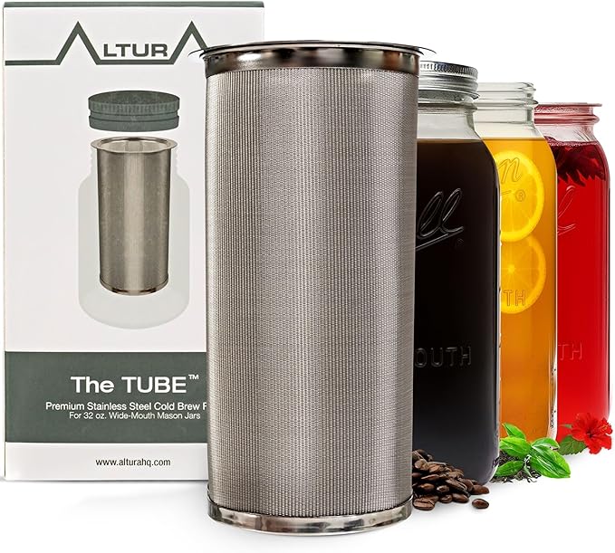 Altura The TUBE Cold Brew Coffee Maker and Tea Infuser for Wide Mouth Mason Jars - Stainless Steel Cold Brew Filter Strainer for Iced Coffee, Fruit Water & More - (32oz/1qt)