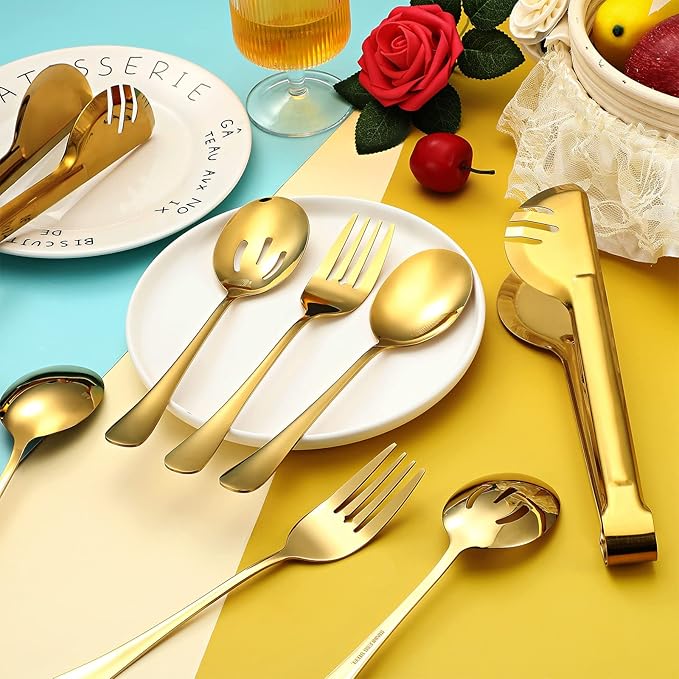 Patelai 15 Pieces Christmas Stainless Steel Gold Serving Utensils Set 8.7" Large Spoons and Slotted Spoon 9.45" Tong 9" Forks Flatware Wedding Party Buffet Banquet Cooking Kitchen Catering