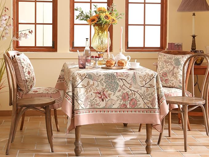 patdrea Designer Pink Linen Table Cloth for Rectangle Table,Vintage Floral with Birds Pattern Decorative Tablcloth,French Table Cover for Kitchen Dining,Thanksgiving,Christmas,55"x79"-Kulom a
