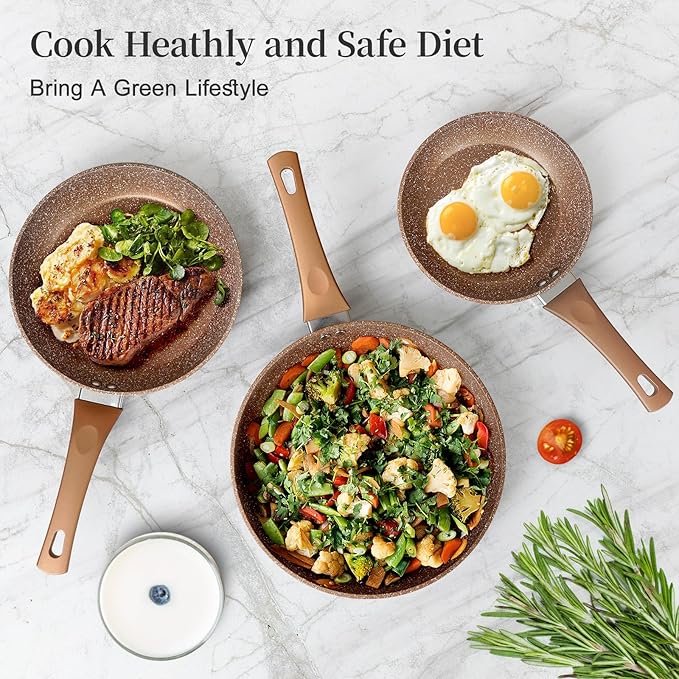 Healthy Nonstick Granite Cookware Set - 3 Pcs, Induction Skillets With Lids, PFOA Free, No Toxic Egg Omelette Frying Pan