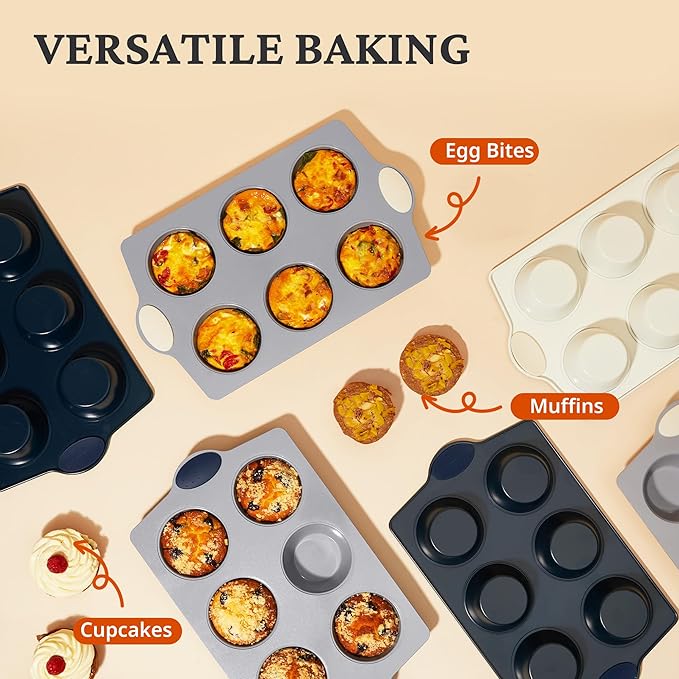 BRONYPRO 2-Pack Jumbo Ceramic Muffin Pans, 6-Cup Nonstick Aluminized Steel Cupcake Pans, Healthy Non-Toxic Ceramic Coating Muffin tin, Oven Safe to 500°F, Cream