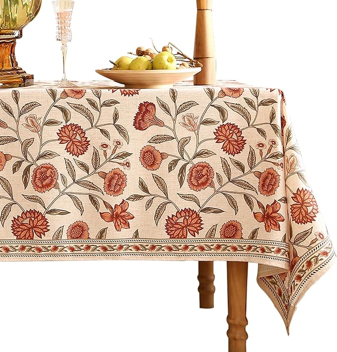 ISAENNE Designer French Extra Long Rectangular Tablecloth,Linen Orange Floral Pattern Indoor Table Cloth,Wrinkle Resistant Decor Table Cloth for Dining Thanksgiving Kitchen,63"*110"-Alvarado D